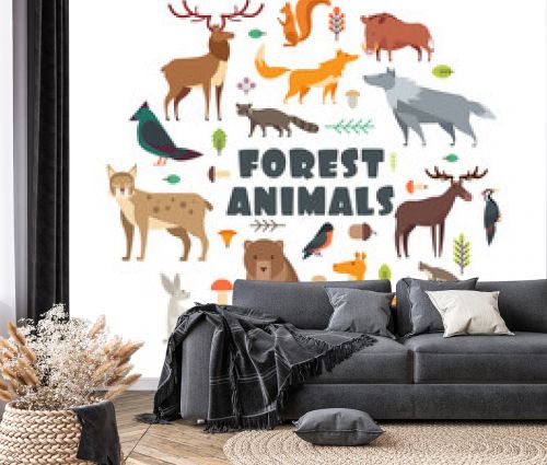 Wild forest animals and birds arranged in circle. Vector cover design