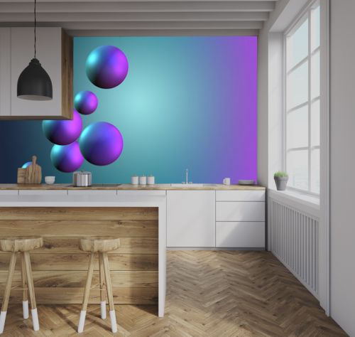 Multicolored decorative balls flying on abstract futuristic background in empty space. Blue, green, fuchsia color, 3d render.