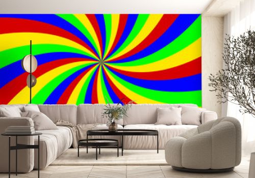 A rainbow pinwheel illustration, bended twisted rays (red, blue, green, yellow). Clean style. 