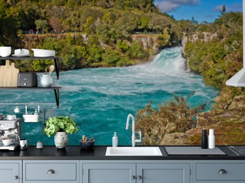 Beatiful blue water beneath of Huka Falls in Taupo in New Zealand