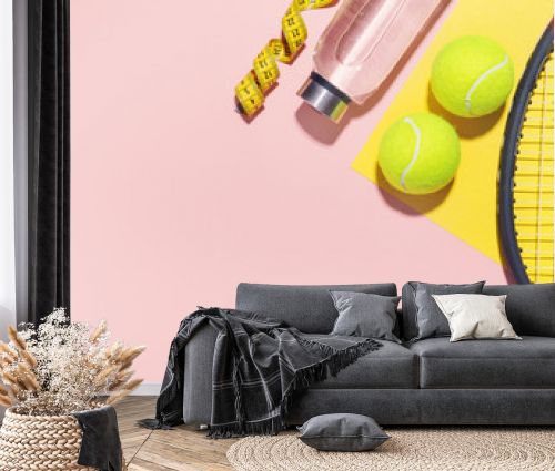 Sport flat lay background on pink
