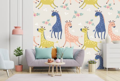 Cute giraffe in pastel color seamless pattern fabric textile wallpaper