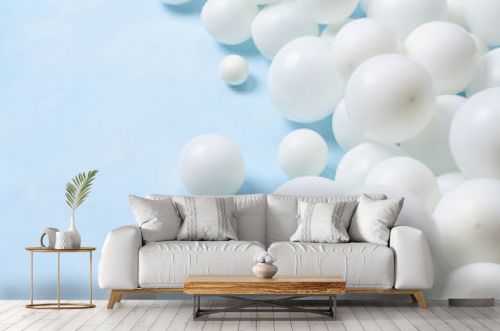Pastel blue table with white balloons. Party or birthday background. .