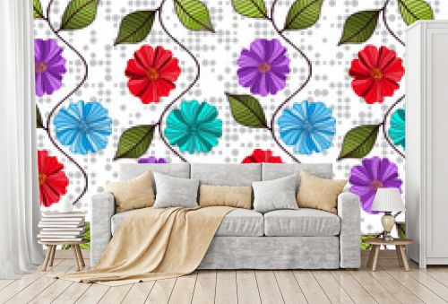 Seamless pattern with garlands of colorful flowers and leave