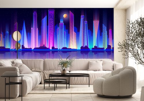 Modern metropolis night skyline flat vector background. Glowing neon light, skyscrapers towers, cottage houses, commercial property buildings on seashore, city bay calm water reflections illustration