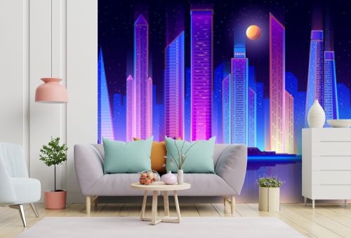 Modern night city skyline neon color flat vector with full moon in starry sky, downtown illuminated skyscrapers reflection in metropolis quay illustration. Urban architecture, real estate background