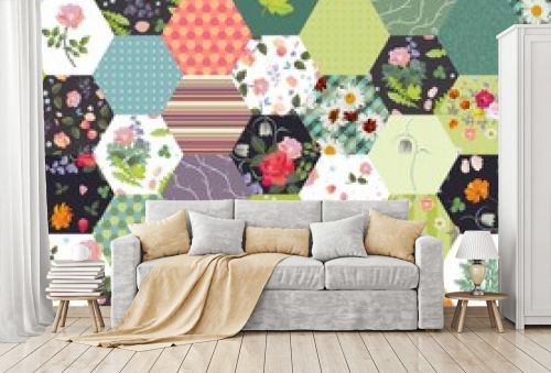 Beautiful seamless patchwork pattern from patches with floral and geometric ornaments. Quilting design.