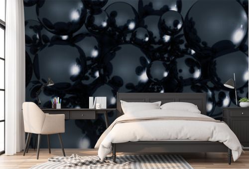 Background of shiny, reflective black balls. 3D rendering.