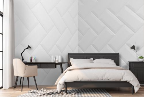 Internal angle of beveled white matt ceramic tiles pattern herringbone on wall.