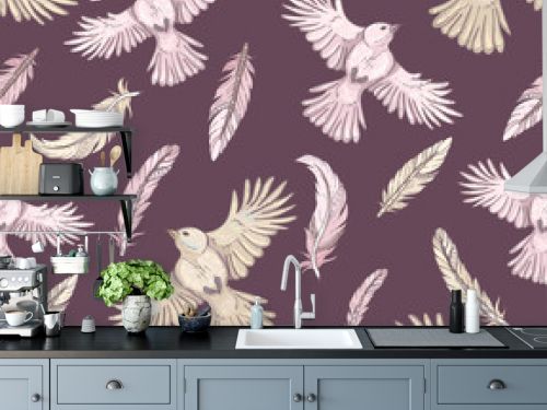 Seamless pattern with birds and feathers