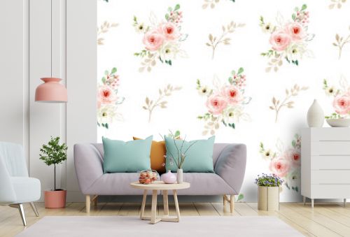 Seamless background, pattern, vintage floral texture with bouquets watercolor pink flowers roses. Repeat fabric wallpaper. Perfectly for wrapping paper, backdrop. 