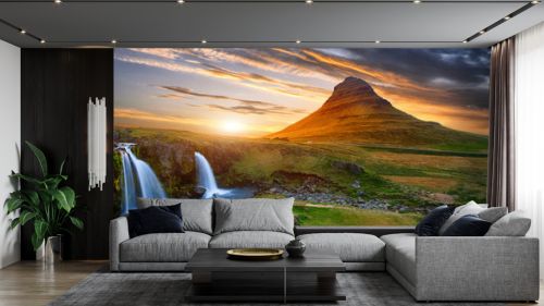 Scenic image of Iceland. Incredible Nature scenery during sunset. Great view on famous Mount Kirkjufell with Colorful, dramatic sky. popular plase for photografers. Best famous travel locations