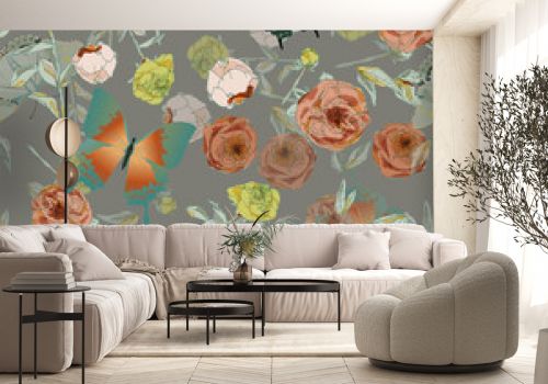 Butterfly and leaves, stems and inflorescences of peonies and roses vector illustration. Picture with pink, blue and white flowers on aquamarine background. Endless pattern. EPS10
