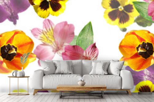 Beautiful floral background of tulips, alstroemeria and pansies. Isolated