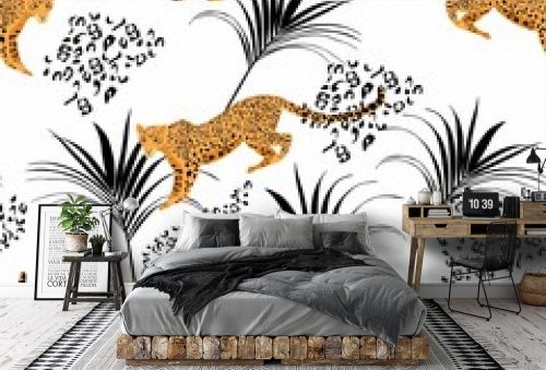 Seamless pattern with leopards and tropical black leaves. Trendy style. Vintage background.