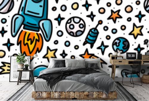 Childish seamless pattern with spaceship, planets and stars