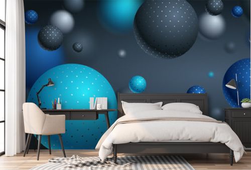 Abstract dotted spheres vector background, composition of flying balls decorated with dots, 3D mixed realistic globes, realistic depth of field effect.