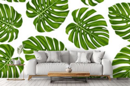Pattern with leaves of Monstera. Decorative, abstract. Suitable for curtains, wallpaper, fabrics, tiles, wrapping paper.