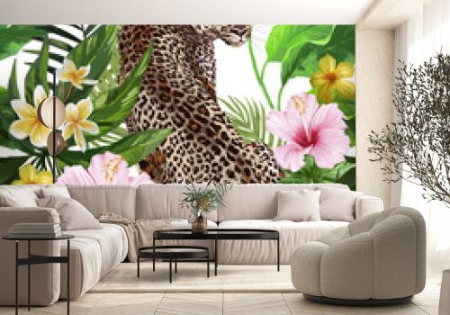Seamless pattern with leopard and tropical flowers on a white background.