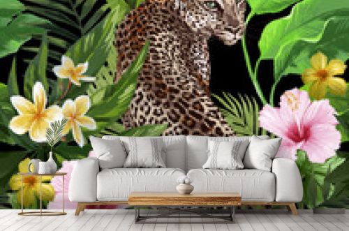 Seamless pattern with leopard and tropical flowers on a black background.
