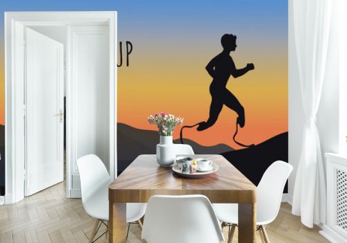 Silhouette of a running man with prostheses against the backdrop of a beautiful sunrise. Disabled person can move thanks to a modern prosthesis. Life after injury. Never give up. Vector illustration