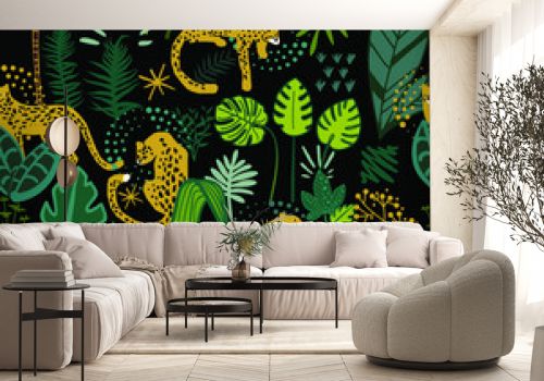Vector floral seamless jungle cheetah pattern on black background.