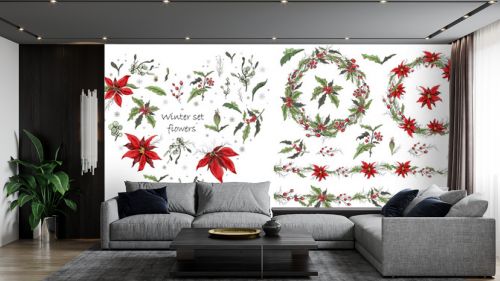Set of winter flowers, branches. hand drawn Botanical Doodle in realistic style. seamless brush garland with seasonal elements for your ideas, paper greeting cards, posters, advertising.