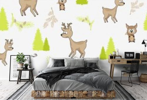 Seamless pattern with a fawn on a green forest background. Children's background with a deer for printing on clothing and fabric.