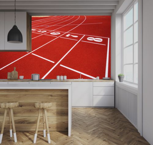 Treadmill with the numbers of the sports stadium. Track, running, red sports field In an open-air treadmill. Track number of the track at the stadium bend