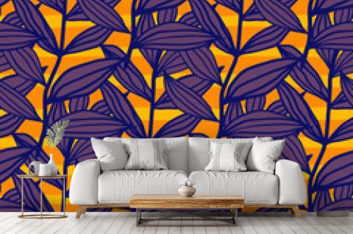 Bright foliage abstract outline silhouettes seamless pattern. Purple botanic branches on orange background.