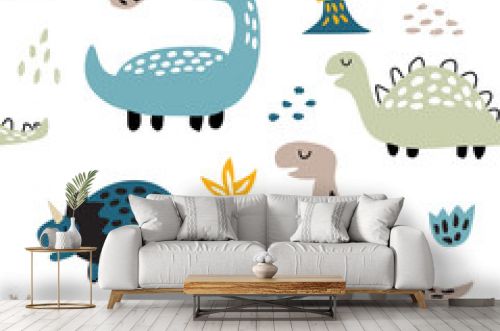 Childish seamless pattern with cute dinosaurs . Creative texture for fabric and textile