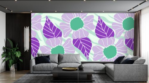 Abstract Hand Drawing Flowers and Leaves Repeating Vector Pattern with Zebra Stripes Background