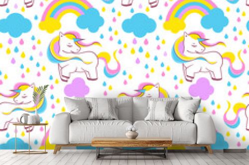 Seamless pattern with unicorns, rainbow and other cute elements. Background with stickers, Hand drawn style Perfect for wrapping paper or nursery decor, vector illustration