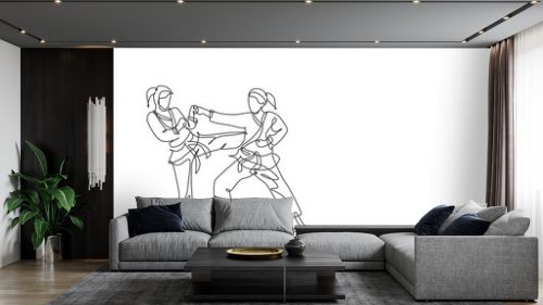 Single continuous line drawing of two young confident karateka girls in kimono practicing karate combat at dojo. Martial art sport training concept. Trendy one line draw design vector illustration