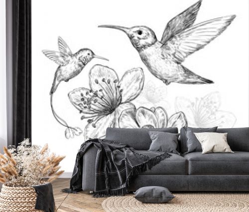 Sketch with hummingbirds and beautiful flowers on a white background