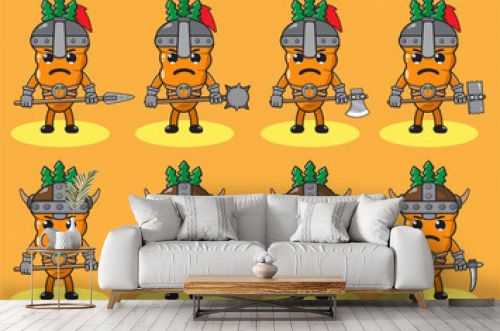 Illustration vector graphic cartoon character of cute Carrot knight. Cute and funny fruit set. Two handed weapons and hand down pose set.Good for icon, logo, label,sticker, clipart.