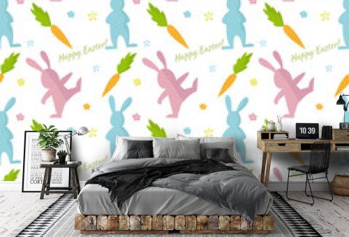 Cute happy easter vector pattern with rabbits, eggs and carrot