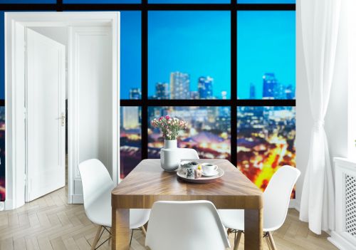Office building with window glass and view of modern cityscapes