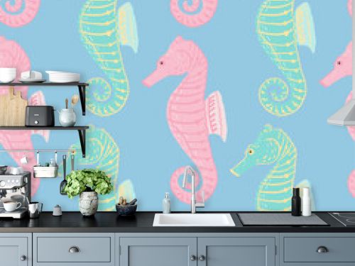 Hand drawn underwater animal seamless pattern with turquoise and pink colored seahorse print. Blue background.