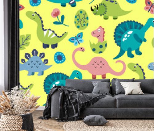 Seamless pattern with cute hand drawn dinosaurs. Design of fabrics, textiles, wallpaper, packaging, decoration of a children's room.