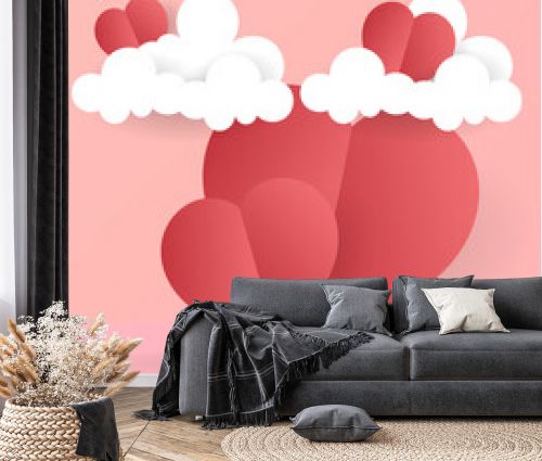 Abstract minimal red heart podium product display with heart and clouds in a red background, illustration 3d Vector EPS 10