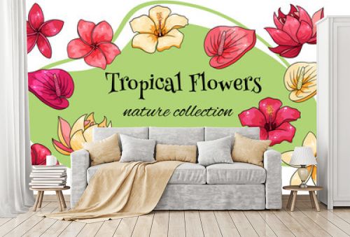 Tropical collection with exotic flowers in cartoon style