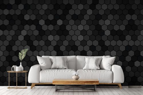 Dark widescreen banner with hexagons with different transparencies. Modern black geometric design header. Simple vector illustration background