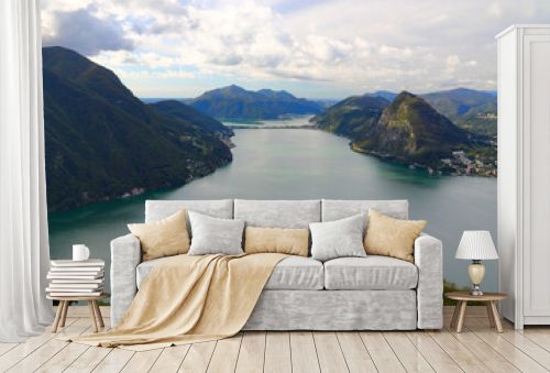View of Lake Lugano from the mountain Monte Bre. Switzerland, Europe. 