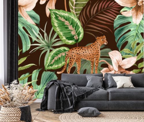 seamless pattern with watercolor illustrations leopards animals in the tropical plants and flowers, hand-painted on a dark background