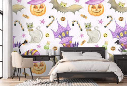 Seamless watercolor halloween pattern isolated on white background.Hand drawn cartoon illustration with happy halloween pumpkin,haunted house,bat,cute gray cat,sweet candy,and stars.For wrapping. 