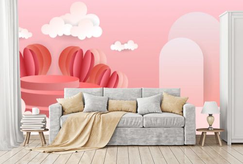 Abstract backdrop for product display,Three podiums with hearts and clouds on a pink background , 3d podium for presentation , illustration 3d Vector EPS 10