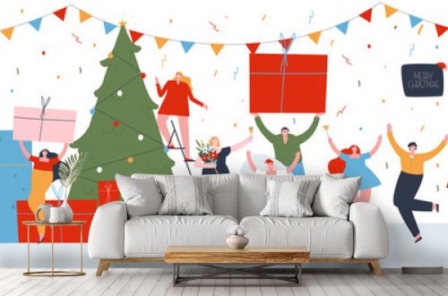 The Big Christmas Party. Lots of guests, presents and a big Christmas tree. Flat vector illustration.