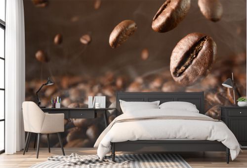 Roasted hot coffee beans falling on pile of coffee beans