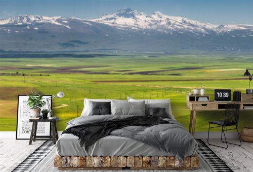 View of the ancient extinct Aragats volcano and the fertile valley at its foot with agricultural lands sown in early spring in Armenia.